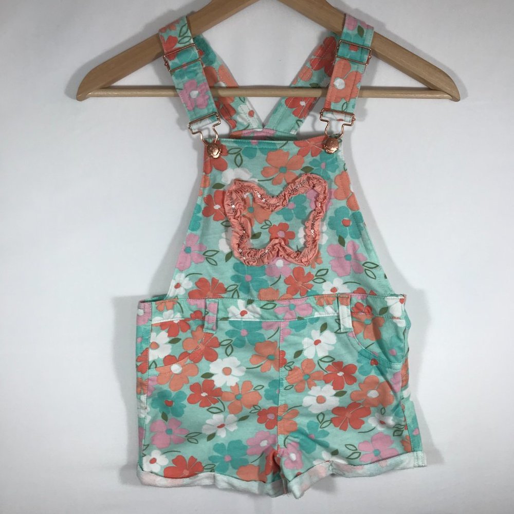 Colette Lilly Girl's L (6X) Teal Floral Bib Overalls Shorts